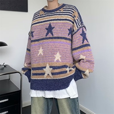 情侣款星星条纹毛衣秋冬季复古宽松休闲美式针织衫套头上衣男，男装针织衫/毛衣，星座716-2
