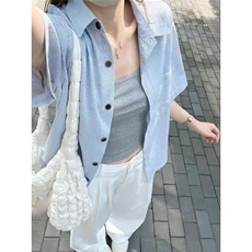 淡人系通勤穿搭衬衣女款2025新款超好看正肩蓝色条纹短袖衬衫，男装T恤，星座506A