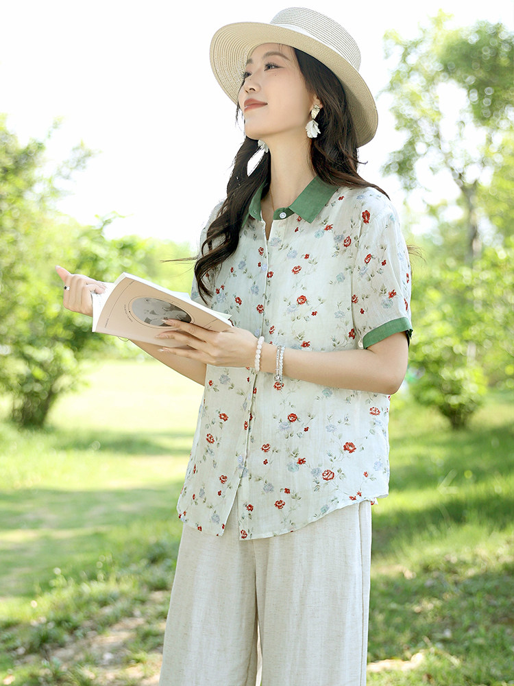2025夏装新款温柔时尚显瘦复古撞色苎麻碎花衬衫直筒裤女,女装衬衫,凝聚力