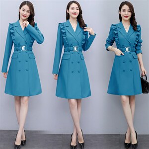 现货风衣2021秋季时尚简约大方气质优雅收腰显瘦修身百搭风衣裙,女装风衣,丽美静依