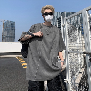 美式高街解构反光条宽松短袖t恤男生夏季潮牌复古麂皮绒上衣情侣,西服搭配的衬衣颜色图片