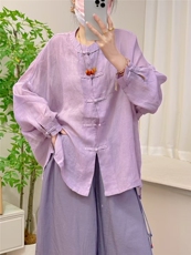 中式圆领竺麻净面开衫百搭简约，女装衬衫，湘姗