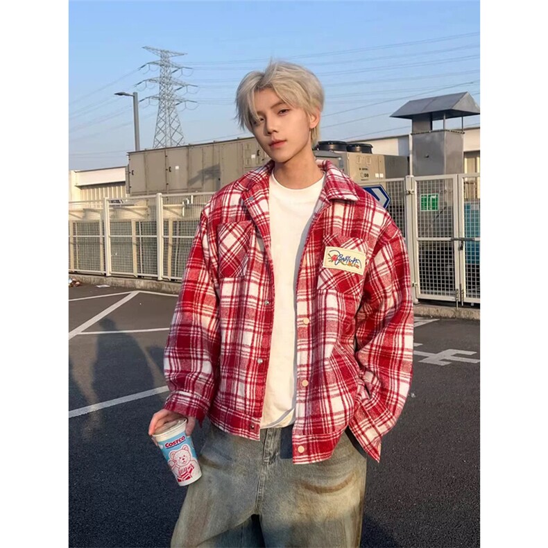 网图有货拼接长袖衬衫红格子贴布刺绣毛呢夹克外套男女A987-P48,男装夹克,星座1505