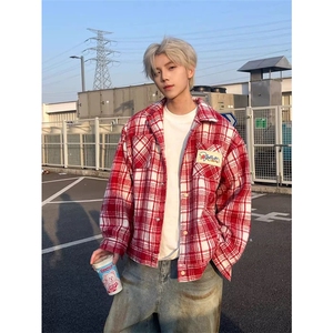 网图有货拼接长袖衬衫红格子贴布刺绣毛呢夹克外套男女A987-P48,男的红格子衬衫搭配什么外套图片