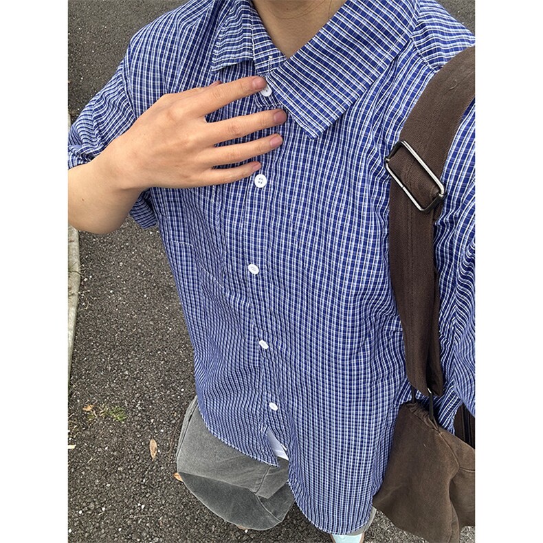 格子衬衫春夏美式短袖衬衫港风情侣装休闲衬衣CS286-P30,男装T恤,星座301C-5