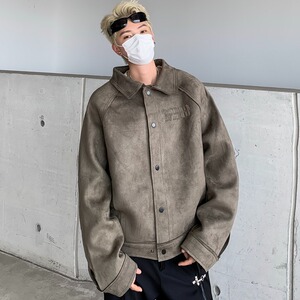 美式复古麂皮短款夹克外套男女宽松春季慵懒中性风棒球服图片
