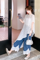 不规则叠穿蕾丝罩衫连衣裙阔腿裤女两件套2025夏季新款宽松套装裙，女装套装/套裙，2B237