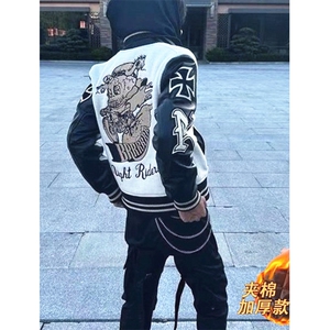 夹棉毛巾绣绣棒球服刺绣毛呢外套男PU皮拼接chic夹克 J804图片