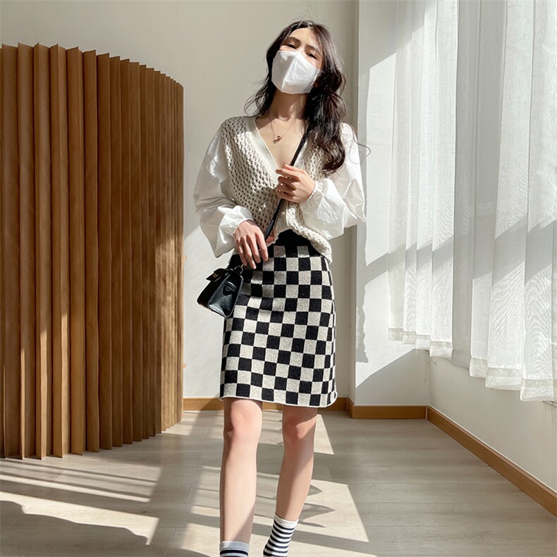 秋冬季纯澳毛棋盘格个性时髦短款裙半身裙，女装半身裙，君贝羊绒