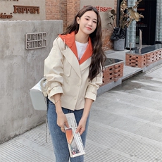 短款小个子风衣女新款早春秋季宽松撞色拆卸帽高级感气质外套，女装风衣，鑫源服饰