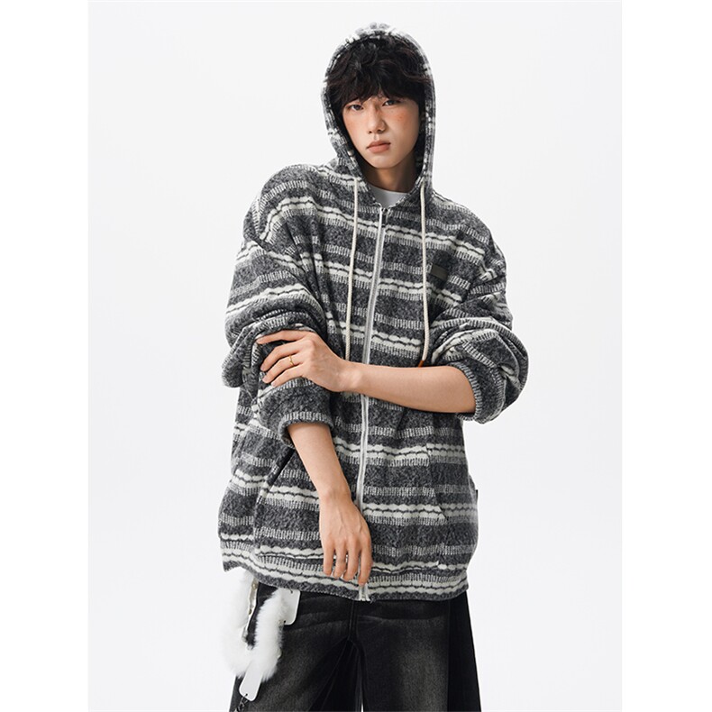 8XL-M 潮情侣美式磨毛编织条纹针织衫卫衣宽松拉链外套WY30P88图片