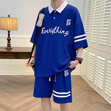 港风夏季短袖短裤两件套男潮情侣半袖POLO衫休闲T恤套装6620-P60，男装T恤，电商A441-1