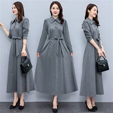 高级感长袖衬衫连衣裙女2023春秋新款高端气质修身显瘦过膝长裙子，女装大码女装，琦鑫阁（原依鑫阁）