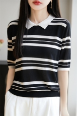 2025夏季翻领拼色条纹针织五分袖女POLO领薄款小个子正肩上衣T恤，女装T恤，大美人高端店