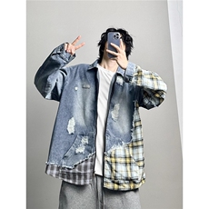 美式潮牌不规则假两件拼接破洞牛仔夹克男女复古外套JK89722-p79，男装工装外套，星座1008