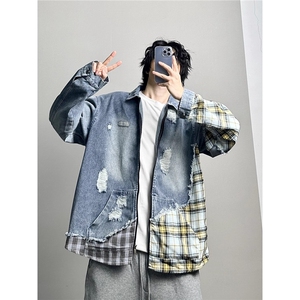 美式潮牌不规则假两件拼接破洞牛仔夹克男女复古外套JK89722-p79图片