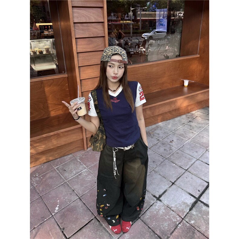 XFX美式复古宽松弯刀工装裤女高街休闲拖地阔腿印花cleanfit长裤,男装工装外套,星座506A