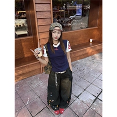 XFX美式复古宽松弯刀工装裤女高街休闲拖地阔腿印花cleanfit长裤，男装工装外套，星座506A