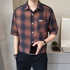 2025新款冰丝短袖格子衬衫男士翻领潮牌宽松上衣A313-W8012-P75，男装T恤，电商A313