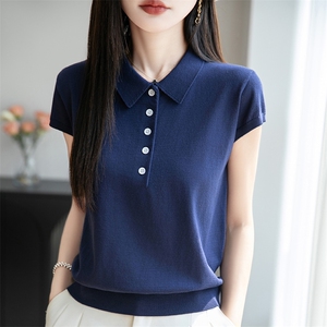经典翻领扣子POLO衫小飞袖T恤女2025夏季新款气质复古针织短袖t恤图片