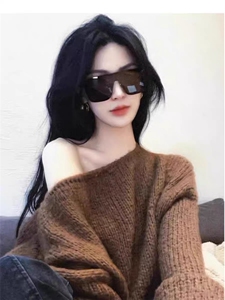羊毛衫女宽松中长款粗针毛衣一字领羊毛打底衫图片