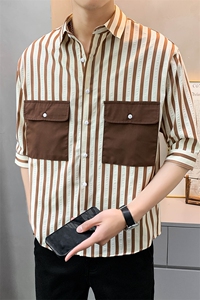 夏季轻熟店主小伙条纹宽松休闲短袖衬衫男衬衣A236-C11-P58-控88图片