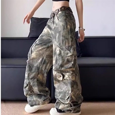 美式高街迷彩多口袋复古工装裤男女春秋季直筒修身显瘦微喇休闲裤，女装牛仔裤，星座506A