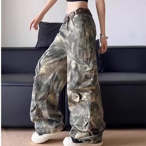 美式高街迷彩多口袋复古工装裤男女春秋季直筒修身显瘦微喇休闲裤图片