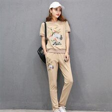 植物花卉潮流图案时尚纯色气质短袖圆领长裤套装/套裙2020年夏季，女装套装/套裙，凯瑟曼