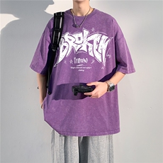 水洗做旧蜡染短袖男夏季潮流美式复古T恤哥特文字母印花半袖，男装T恤，电商C306-1