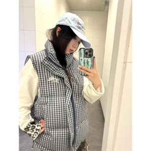 色织格子刺绣立领门禁款棉衣棉服马甲外套男女同款 网络图图片