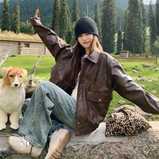 时髦复古咖色皮衣短外套女春秋2025新款设计感显瘦炸街pu皮机车服，女装皮衣，2C029