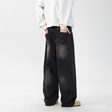 美式复古黑灰水洗做旧牛仔裤男宽松直筒阔腿休闲牛仔裤，男装牛仔裤，星座216-1