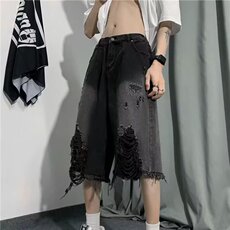 601-P36美式水洗做旧牛仔短裤男女高街复古割破阔腿百搭宽松，男装牛仔裤，电商B323A