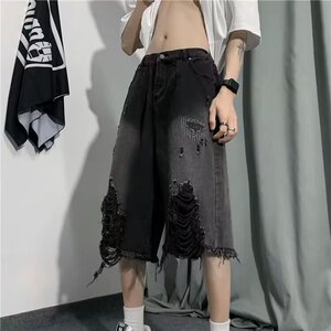 601-P36 美式水洗做旧牛仔短裤男女高街复古割破阔腿百搭宽松图片