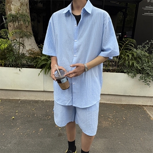 时尚套装男慵懒风条纹蓝色短裤长袖衬衫套装潮流时尚套装 特P55图片