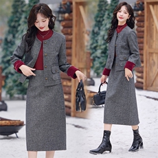 【bao款现货】2024秋冬新品毛呢两件套套裙韩版时尚修身气质香风，女装套装/套裙，兰菲阁