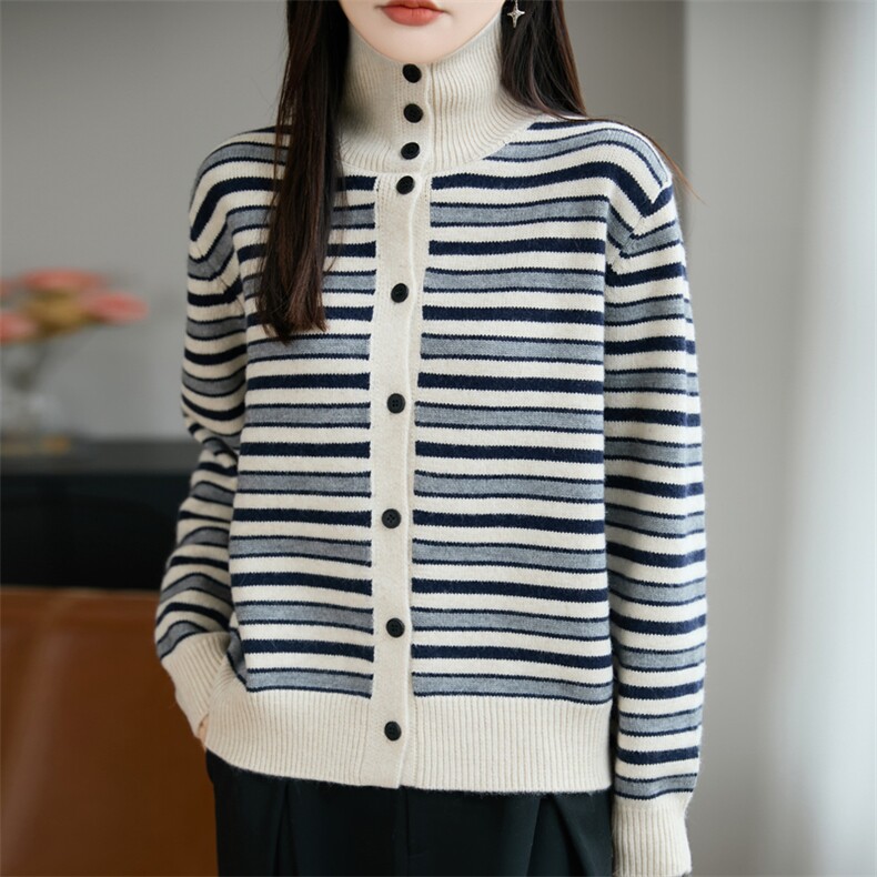 2026年秋季时尚百搭通勤简约休闲条纹开衫，女装针织衫/毛衣，源达羊绒