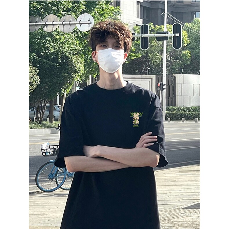 抖音得物供货210克现货宽松纯棉美式潮牌印花落肩袖纯棉T恤AT2151,男装T恤,电商A443