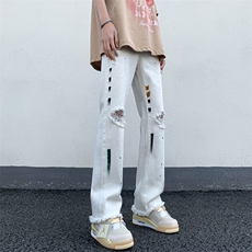 B221美式ins高街暗黑喷墨休闲破洞微喇牛仔裤LK23088-P65控88，男装牛仔裤，电商B221
