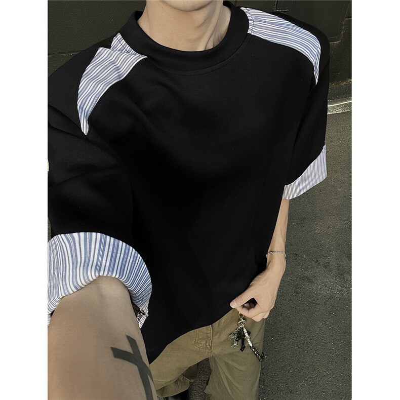 垫肩拼接假两件300克重磅夏季T恤美式小众痞帅圆领短袖909P42，男装T恤，电商A458A