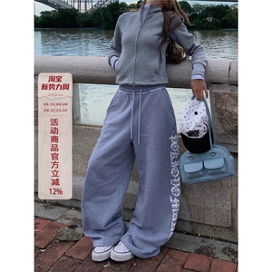 美式复古渐变做旧字母阔腿弯刀卫裤男女宽松休闲拖地长裤图片
