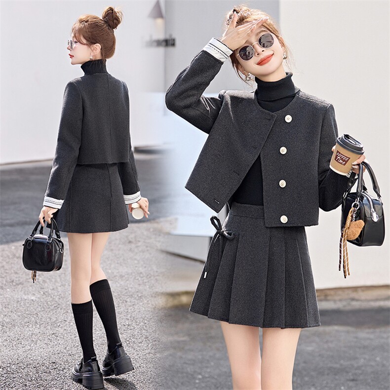 小香风套装女2024冬新款小个子穿搭一整套洋气双面羊绒短裙两件套，女装套装/套裙，半夏