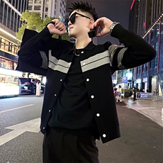 AF203/P108控148秋季社会小伙翻领撞色条纹时尚外套开衫男黑首，女装短外套，星座305B-1