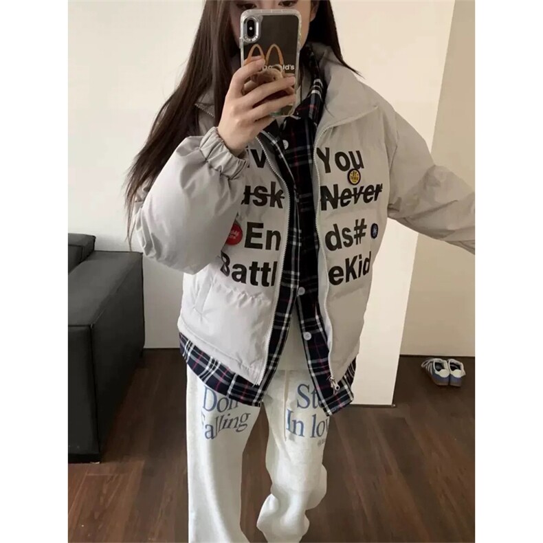 网图有货美式假两件格子棉服外套男女宽松情侣棉衣JM68-P110，男装棉衣，星座1505