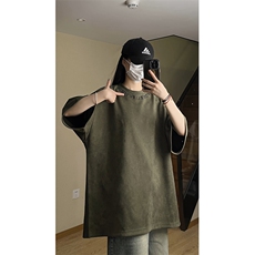 港风大码日系复古麂皮绒宽松套头圆领短袖T恤XZ213-T062-P35控48，男装T恤，星座213