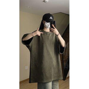 港风大码日系复古麂皮绒宽松套头圆领短袖T恤 XZ213-T062-P35控48图片