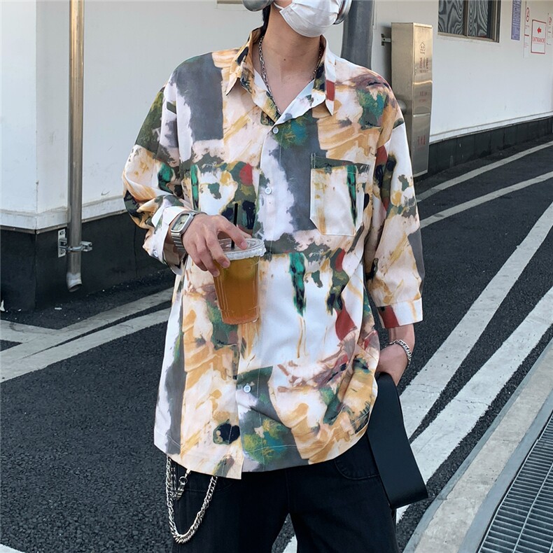 2026夏休闲水墨画冰丝凉感短袖五分袖半袖衬衫CS29/特P30卡其色,男装T恤,电商A094