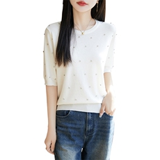 夏季春季新款上市通勤简约优质时尚显瘦百搭女士冰丝镶钻圆领短袖，女装T恤，越洋羊