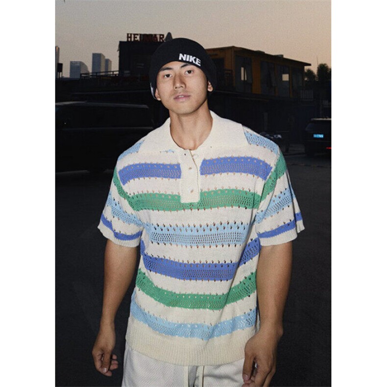 夏季美式复古镂空针织拼色条纹休闲宽松短袖polo衫T恤上衣M954,男装T恤,星座1116A（原606A-3）